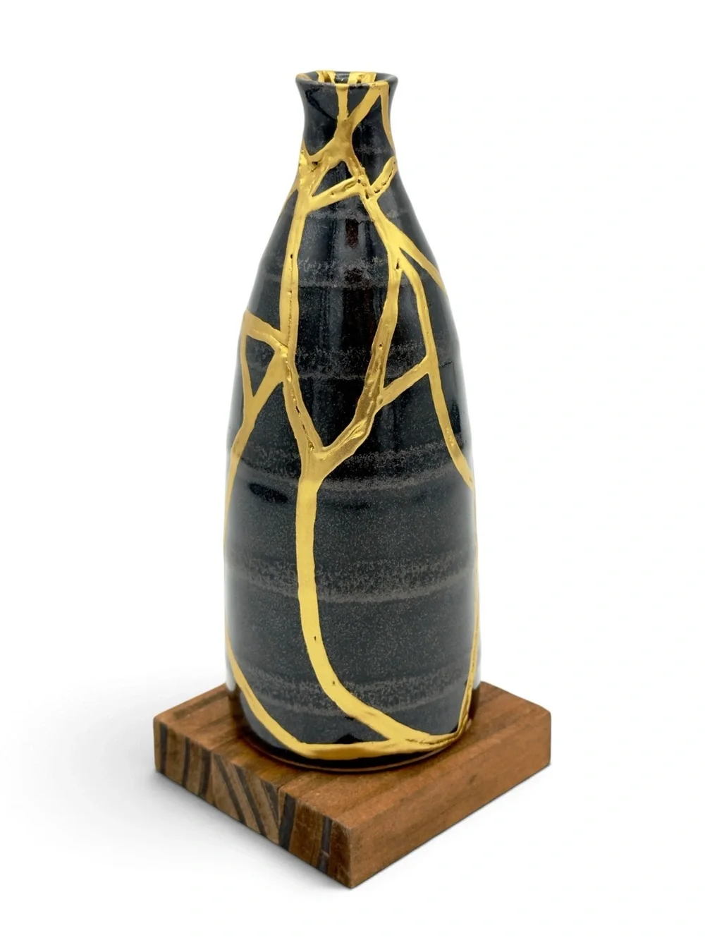 Kintsugi Vase Striped Black Pottery Gold Crack Art Growth Anniversary Gift